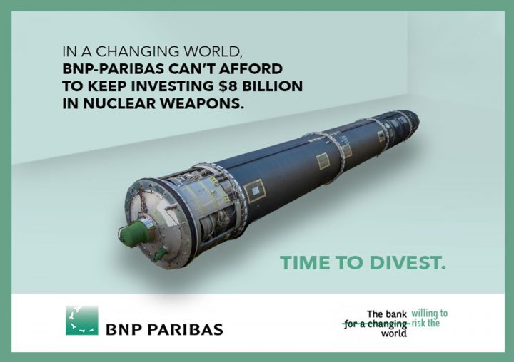 Proteste globali presso gli uffici di BNP Paribas: basta sostegno alla produzione di armi nucleari!
